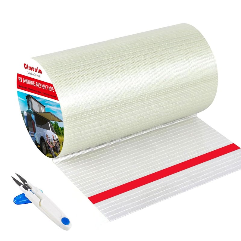 Clroursim Fiberglass Rv Awning Repair Tape Kit - 5 Inch Wide 39ft Heavy Duty Waterproof Tear Repair Patch for Tent, Tarp, Canopy, Boat with Canvas Tape and Sail Repair Tape - Image 1